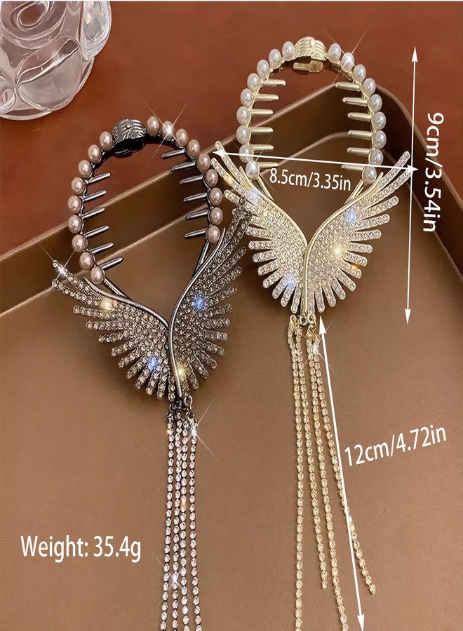 Rannyrena Pearls Tassel Rhinestone Ponytail Claw Clip for Women Crystal Bow Ponytail Bauckle Buns Hair Holder Sparkling Metal Hair Bun Accessories (Gold Angle Wings) - Image 5
